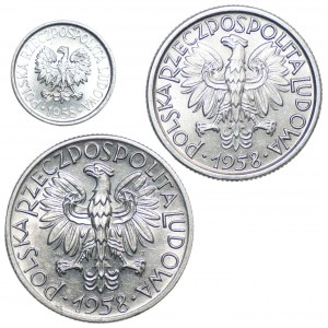 Zestaw 3 monet aluminiowych 5 groszy, 2 i 5 złotych 1958
