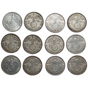 GERMANY - Third Reich - set of 12 x 2 marks (1937-1939) Hindenburg - various mints.
