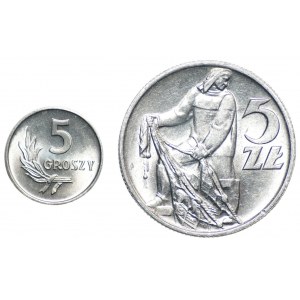 Zestaw 2 sztuk monet 5 groszy oraz 5 złotych 1959