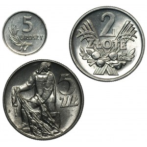 Zestaw 3 monet aluminiowych 5 groszy, 2 i 5 złotych 1960