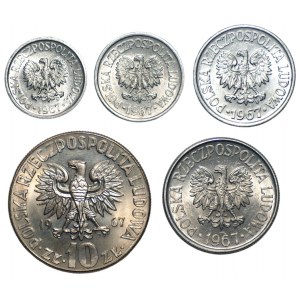 Zestaw 5 monet 5, 10,20 i 50 groszy oraz 10 złotych 1967