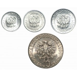 Zestaw 4 monet 5, 10,20 groszy oraz 10 złotych 1968