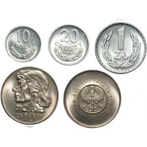Zestaw 5 monet 10, 20, groszy oraz 1 i 10 złotych 1969