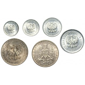 Set of 5 coins 5,10,20 pennies and 1 , 10 zlotys 1970