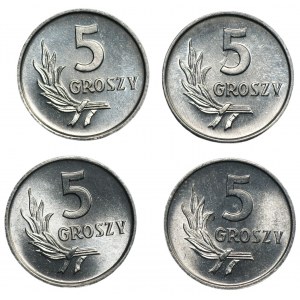 Zestaw 4 sztuk - 5 groszy 1963-1972 - 5 groszy 1965 tzw; EFEKT DUCHA