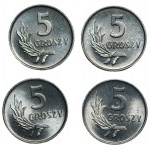 Zestaw 4 sztuk - 5 groszy 1963-1972 - 5 groszy 1965 tzw; EFEKT DUCHA