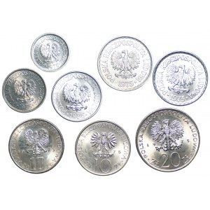 Zestaw 8 monet 10, 20 i 50 groszy oraz 1, 10 i 20 złotych 1975