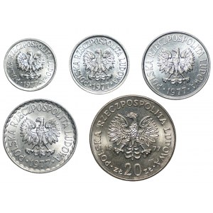 Zestaw 5 monet 10, 20 i 50 groszy oraz 1 i 20 złotych 1977