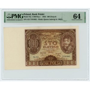 100 gold 1934 - Ser. AX. - two dashes at the bottom of the margin - PMG 64