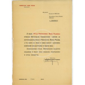 Acknowledgement from the President of the National Bank of Poland for Work - 1960