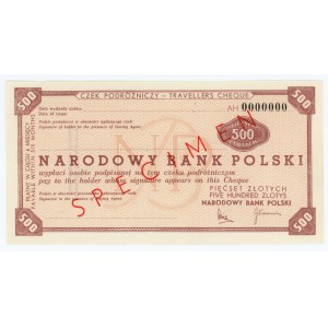 Czek Podróżniczy o wartości 500 złotych - SPECIMEN ser. AH 0000000