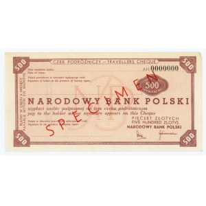 Czek Podróżniczy o wartości 500 złotych - SPECIMEN ser. AH 0000000 z przekreślonym nazwiskiem