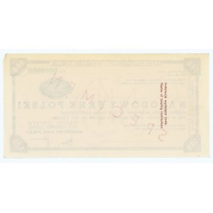 Traveler's check worth 500 zloty - SPECIMEN ser. AH 0000000 with the name crossed out
