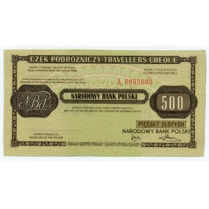 NATIONAL BANK OF POLAND - MODEL A 0000000 - traveler's check with a value of 500 PLN.