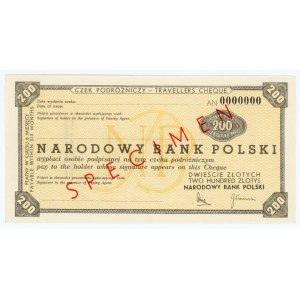 Czek Podróżniczy o wartości 200 złotych - SPECIMEN ser. AH 0000000