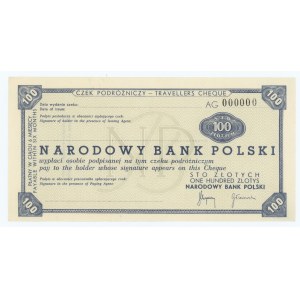 Czek Podróżniczy o wartości 100 złotych - WZÓR ser. AG 000000