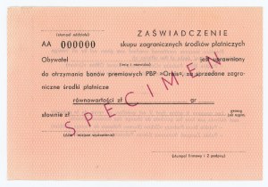 Zaświadczenie skupu zagranicznych środków płatniczych - SPECIMEN ser. AA 000000