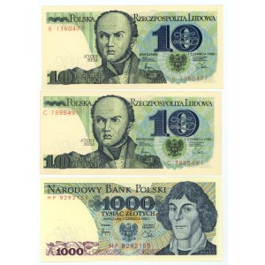 zestaw - 10 złotych i 1000 złotych 1982 - 3 sztuki