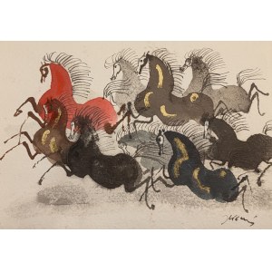 Jozef Wilkoń (b.1930), Taboon of horses with red on the front, 2021