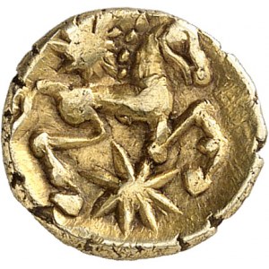 Bellovaques. Quart de statère à l’astre et au cheval à droite ND (50-30 av. J.-C.).