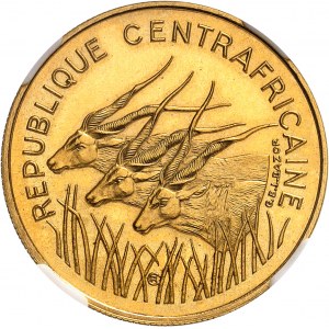 République centrafricaine, Jean-Bedel Bokassa président (1966-1976). Essai en Or de 100 francs antilopes, Flan bruni (PROOF) 1971, Paris.