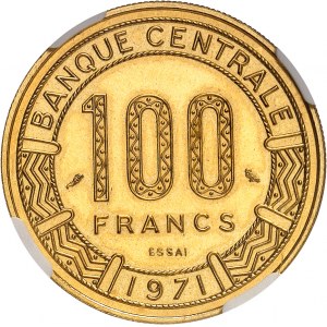 République centrafricaine, Jean-Bedel Bokassa président (1966-1976). Essai en Or de 100 francs antilopes, Flan bruni (PROOF) 1971, Paris.