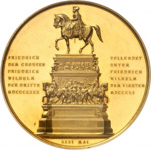 Prusse, Frédéric-Guillaume IV (1840-1861). Médaille d’Or au module de 50 ducats, statue équestre de Frédéric le Grand sur le boulevard Unter den Linden à Berlin, par F. W. Kullrich 1851, Berlin.