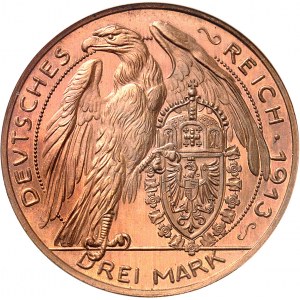 Prusse, Guillaume II (1888-1918). Essai de 3 (drei) mark en bronze, Flan bruni (PROOF), par Karl Goetz 1913, Munich.