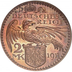 Prusse, Guillaume II (1888-1918). Essai de 2 mark en bronze, Flan bruni (PROOF), par Karl Goetz 1913, Munich.