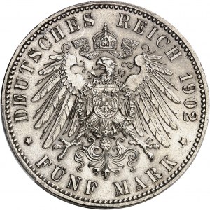 Saxe, Albert (1873-1902). 5 (fünf) mark, pour la mort du Roi 1902, E, Muldenhutten.
