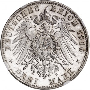 Wurtemberg, Guillaume II (1891-1918). 3 mark, 25e anniversaire de règne, Flan bruni (PROOF) 1916, F, Stuttgart.