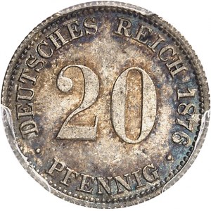 Empire allemand (1871-1918). 20 pfennig 1876, J, Hambourg.