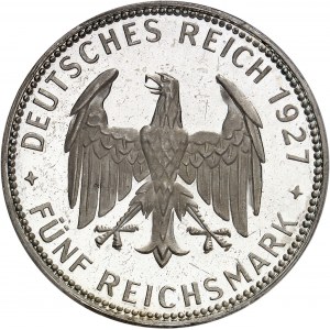 République de Weimar (Empire allemand) (1918-1933). 5 (fünf) mark, 450 ans de l’Université Eberhard Karl de Tübingen, Flan bruni (PROOF) 1927, F, Stuttgart.