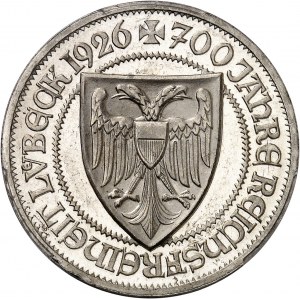 République de Weimar (Empire allemand) (1918-1933). 3 (drei) mark du 700e anniversaire de Lübeck comme ville impériale, Flan bruni (PROOF) 1926, A, Berlin.