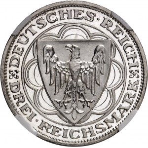République de Weimar (Empire allemand) (1918-1933). 3 (drei) mark pour les cent ans du Port de Bremerhaven, Flan bruni (PROOF) 1927, A, Berlin.