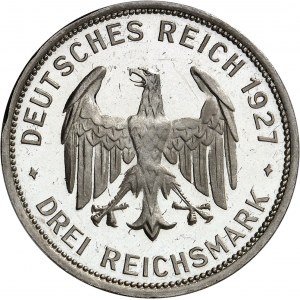 République de Weimar (Empire allemand) (1918-1933). 3 (drei) mark, 450 ans de l’Université Eberhard Karl de Tübingen, Flan bruni (PROOF) 1927, F, Stuttgart.