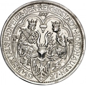 République de Weimar (Empire allemand) (1918-1933). 3 mark du 1000e anniversaire de Nordhausen, Flan bruni (PROOF) 1927, A, Berlin.