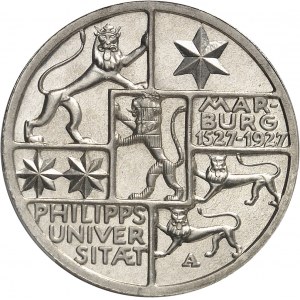 République de Weimar (Empire allemand) (1918-1933). 3 (drei) mark du 400e anniversaire de l’Université de Marbourg, Flan bruni (PROOF) 1927, A, Berlin.