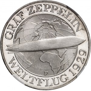 République de Weimar (Empire allemand) (1918-1933). 3 mark Zeppelin, Flan bruni (PROOF) 1930, F, Stuttgart.