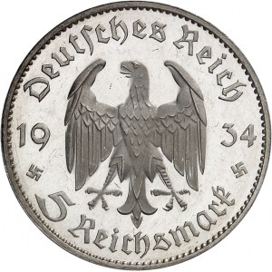 IIIe Reich (1933-1945). 5 mark église de garnison de Postdam, Flan bruni (PROOF) 1934, F, Stuttgart.
