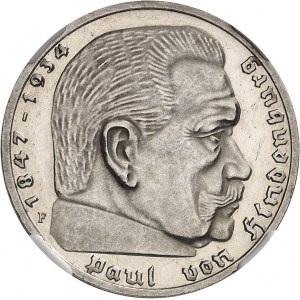 IIIe Reich (1933-1945). 5 mark Hindenburg, Flan bruni (PROOF) 1935, F, Stuttgart.