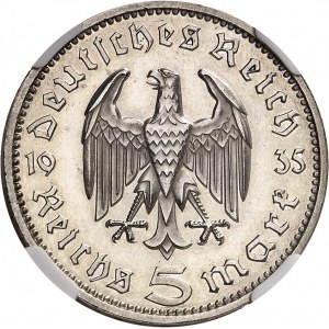IIIe Reich (1933-1945). 5 mark Hindenburg, Flan bruni (PROOF) 1935, F, Stuttgart.