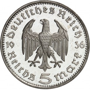 IIIe Reich (1933-1945). 5 mark Hindenburg, Flan bruni (PROOF) 1936, F, Stuttgart.