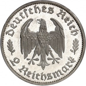 IIIe Reich (1933-1945). 2 mark, 175 ans de la naissance de Schiller, Flan bruni (PROOF) 1934, F, Stuttgart.