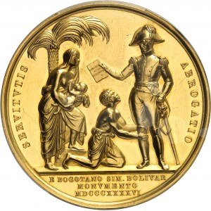Nouvelle-Grenade (République de). Médaille d’Or, statue de Simon Bolivar “El Libertador” de Pietro Tenerani, et abolition de l’esclavage, par C. Voigt 1846, Rome ?