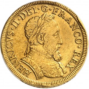 Henri II (1547-1559). Piéfort quadruple du Double Henri d’or à la Gallia (octuple henri d’or) 1555, Paris.