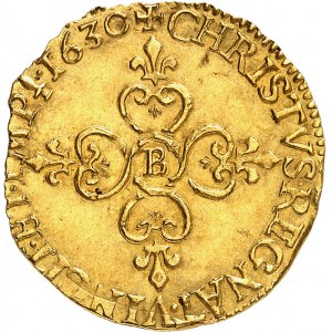 Louis XIII (1610-1643). Écu d’or au soleil, 1er type 1630, B, Rouen.
