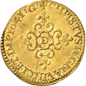 Louis XIII (1610-1643). Écu d’or au soleil, 1er type 1641, D, Lyon.