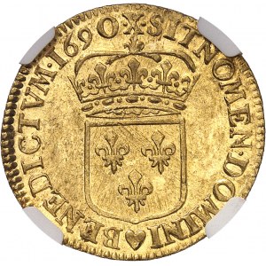 Louis XIV (1643-1715). Louis d’or à l’écu, flan neuf 1690, X, Amiens.