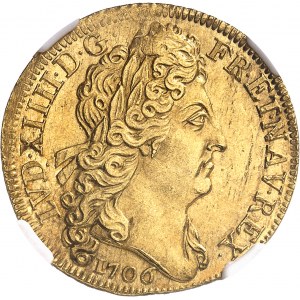 Louis XIV (1643-1715). Double louis d’or aux insignes, buste aux cheveux longs, flan neuf 1706, A, Paris.